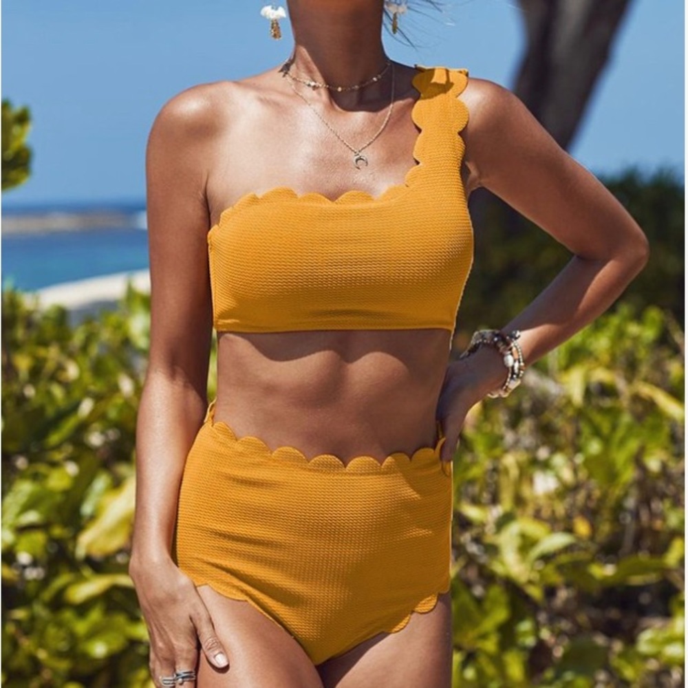 Zesica yellow scalloped trim high waist bikini
